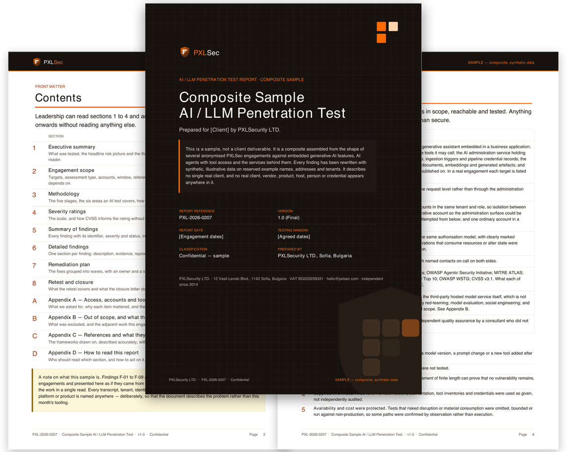 The sample AI report&rsquo;s cover and a detailed finding page
