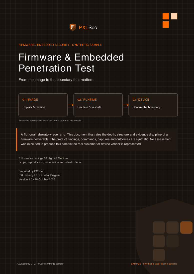 Cover of the synthetic sample firmware penetration test report