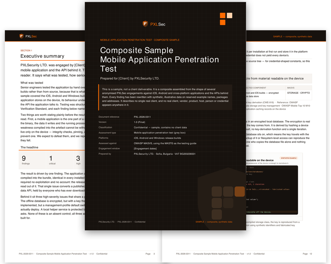 The sample mobile report&rsquo;s cover, contents page and a detailed finding