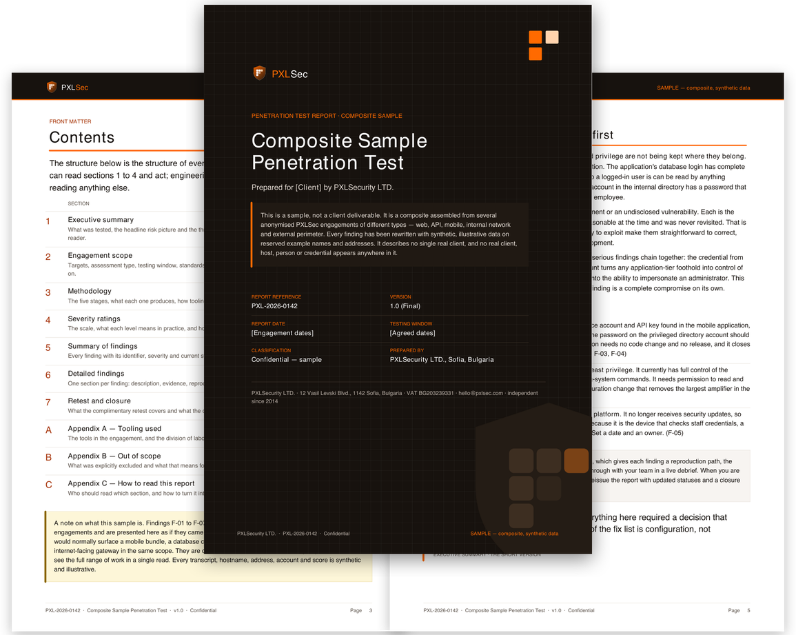 The sample report&rsquo;s cover, contents page and executive summary
